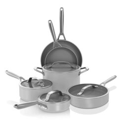 Ninja CW39010GY NeverStick Ceramic Pro,Non-Stick Pots & Pans Set with Glass Lids, PTFE Free, Ceramic Coated, Stainless Steel, Gray