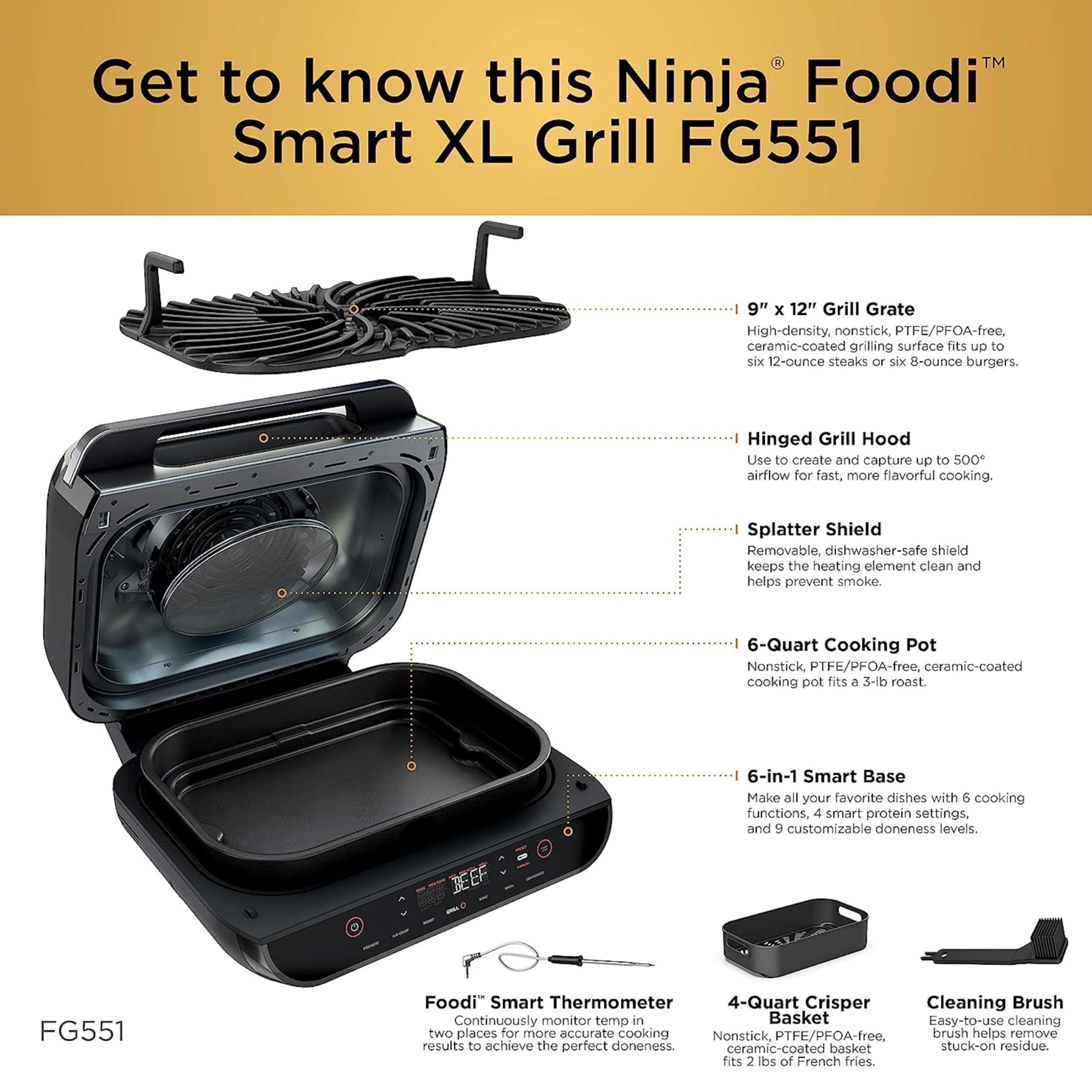 Ninja FG551 Foodi Smart XL 6-in-1 Indoor Grill with Air Fry, Roast, Bake, Broil & Dehydrate, Smart Thermometer, Black/Silver Ninja FG551 Foodi Smart XL 6-in-1 Indoor Grill with Air Fry, Roast, Bake, Broil & Dehydrate, Smart Thermometer, Black/Silver - Image 4