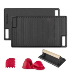 Cast Iron Reversible Grill/Griddle Set with Press, Scraper & Mitts - Pre-Seasoned, Non-Stick - 16.75" x 9.5"