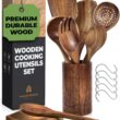 Wooden Spoons for Cooking, Wooden Cooking Utensils Set, Wooden Utensil Set with Holder, Spoon Rest & Hooks, 8-piece set