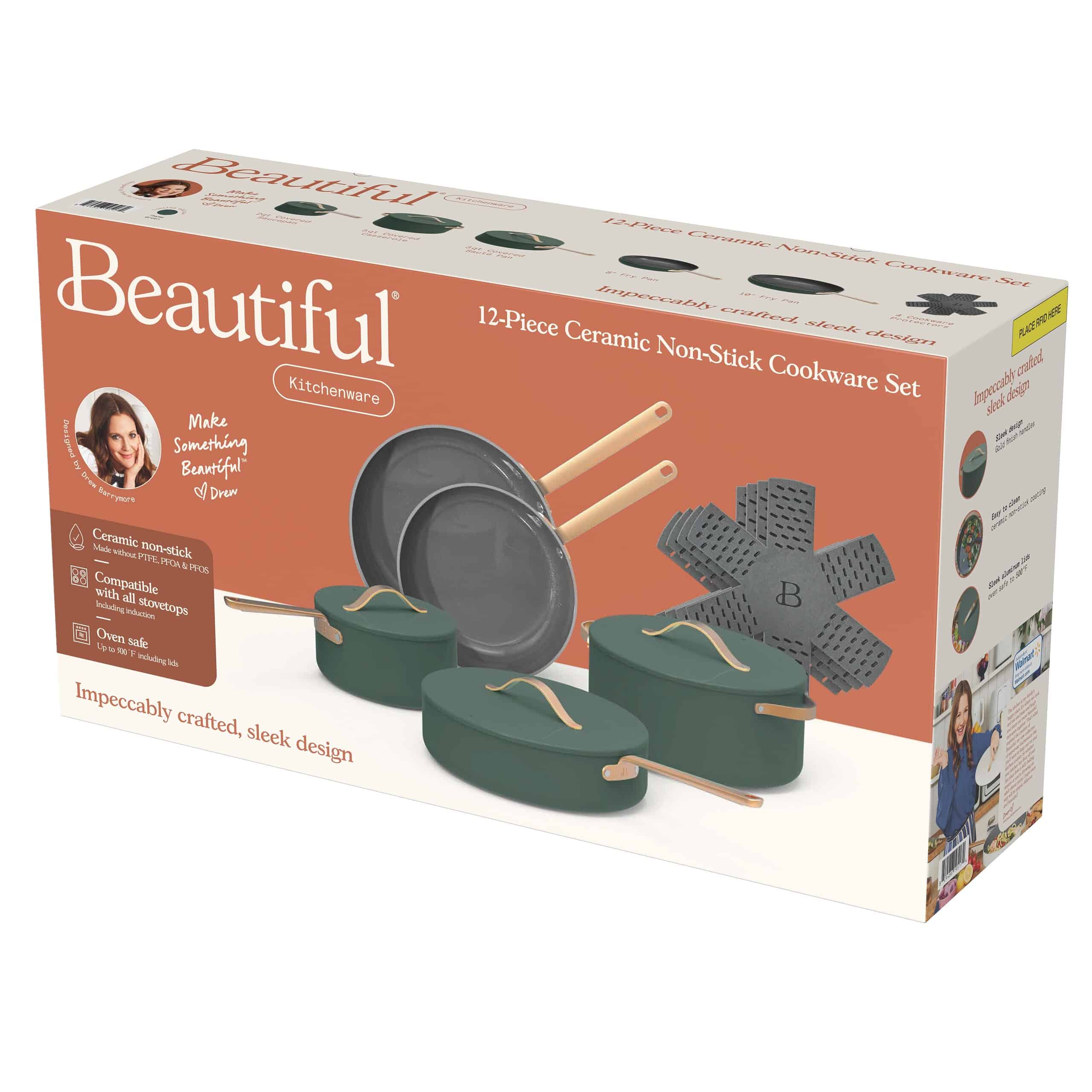 Beautiful 12pc Ceramic Non-Stick Cookware Set, Thyme Green by Drew Barrymore Beautiful 12pc Ceramic Non-Stick Cookware Set, Thyme Green by Drew Barrymore - Image 2