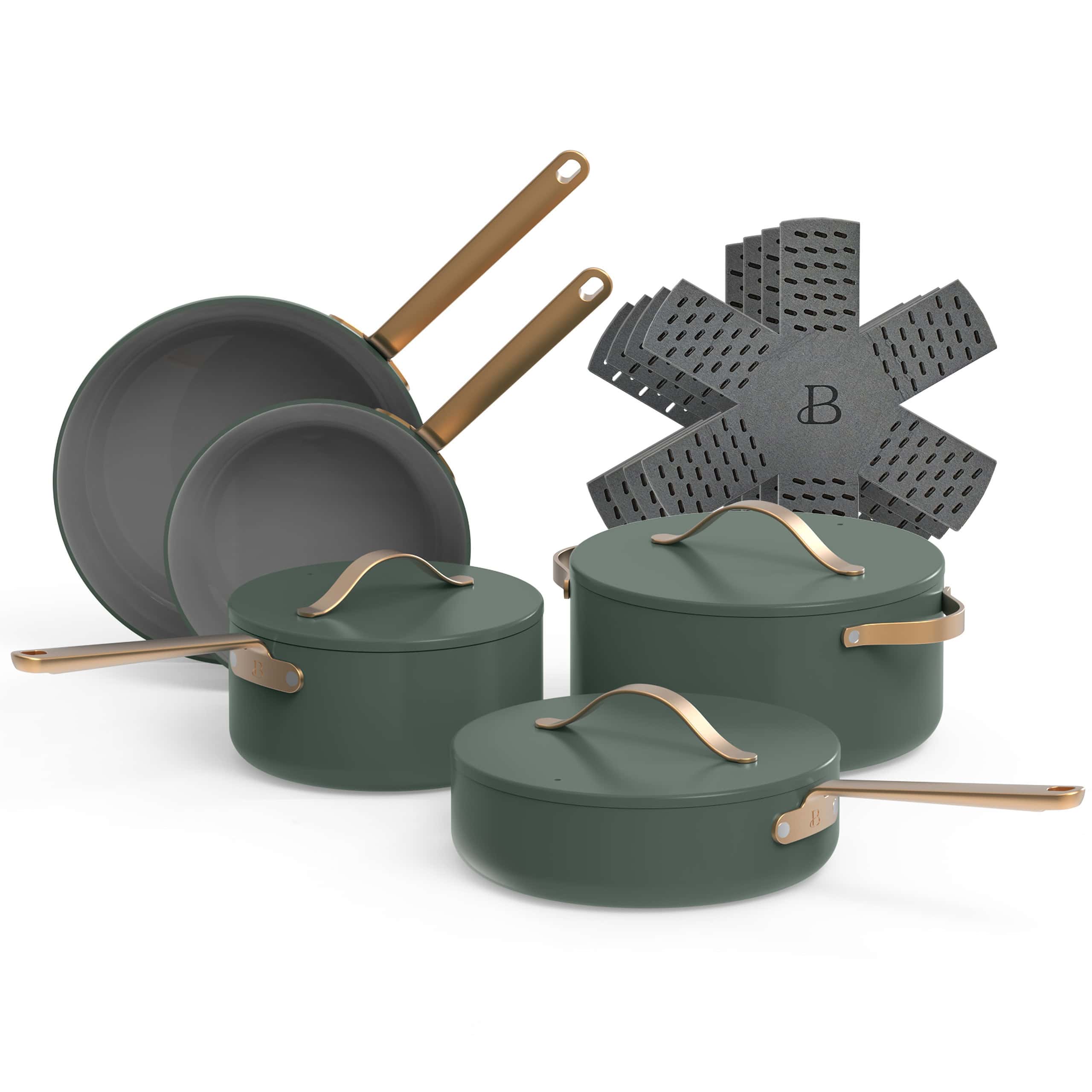 Beautiful 12pc Ceramic Non-Stick Cookware Set, Thyme Green by Drew Barrymore Beautiful 12pc Ceramic Non-Stick Cookware Set, Thyme Green by Drew Barrymore