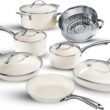 Gotham Steel Nonstick Pots and Pans Set 12 Piece Ceramic Cookware Kitchen Set with Frying Skillet, Saucepan, Cream