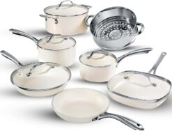 Gotham Steel Nonstick Pots and Pans Set 12 Piece Ceramic Cookware Kitchen Set with Frying Skillet, Saucepan, Cream