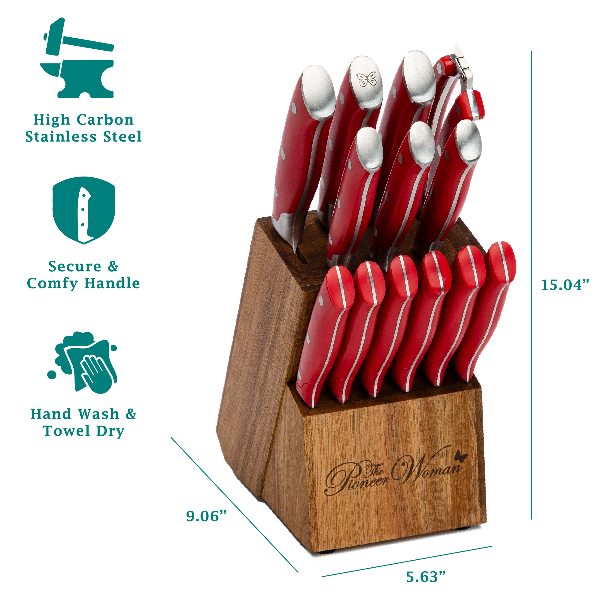 The Pioneer Woman Pioneer Signature 14-Piece Stainless Steel Knife Block Set, Red The Pioneer Woman Pioneer Signature 14-Piece Stainless Steel Knife Block Set, Red - Image 2