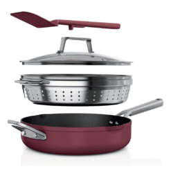 Ninja, Cookware, Steamer, Strainer Basket, Glass Lid and Spatula, Foodi NeverStick PossiblePan, Premium Set, Cherry Tart, CW102RD