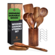 Wooden Spoons for Cooking, Wooden Cooking Utensils Set, Wooden Utensil Set with Holder, Spoon Rest & Hooks, 8-piece set