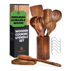 Wooden Spoons for Cooking, Wooden Cooking Utensils Set, Wooden Utensil Set with Holder, Spoon Rest & Hooks, 8-piece set