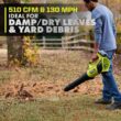 RYOBI PBLLB01K ONE+ HP 18V Brushless Whisper Series 130 MPH 510 CFM Cordless Battery Leaf Blower with 6.0 Ah Battery and Charger