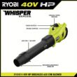 RYOBI RY404014K 40V HP Brushless Whisper Series 160 MPH 650 CFM Cordless Battery Leaf Blower with 4.0 Ah Battery and Charger