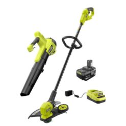 RYOBI PCLCK202K ONE+ 18V Cordless Battery String Trimmer/Edger and Jet Fan Blower Combo Kit (2-Tools) with 4.0 Ah Battery and Charger