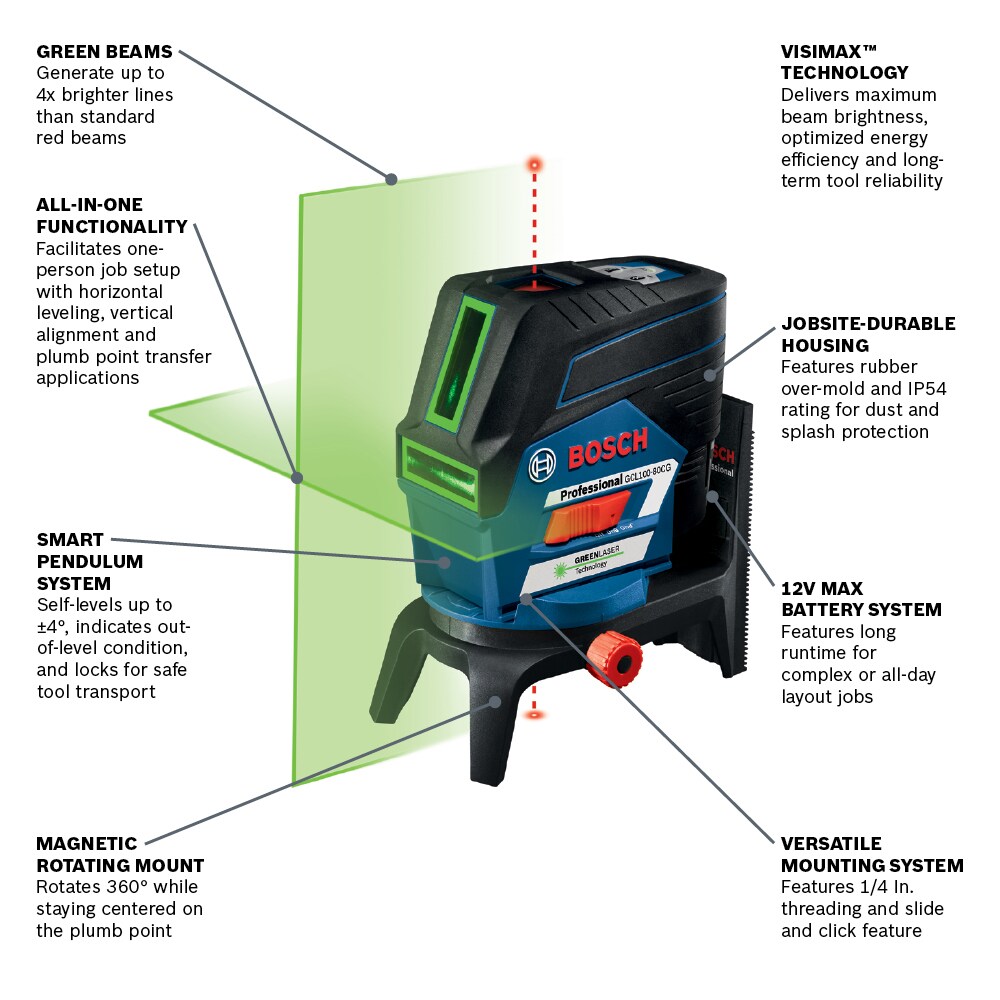 Bosch 165-ft Green Self-Leveling Cross-line Laser Level Kit Bosch 165-ft Green Self-Leveling Cross-line Laser Level Kit - Image 2