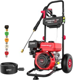 PowerSmart Gas Pressure Washer MAX 3400 PSI, MAX 2.5 GPM, 212CC, with Onboard Soap Tank, Metal Spray Wand, 5 Nozzles for Houses, Driveways, Cars
