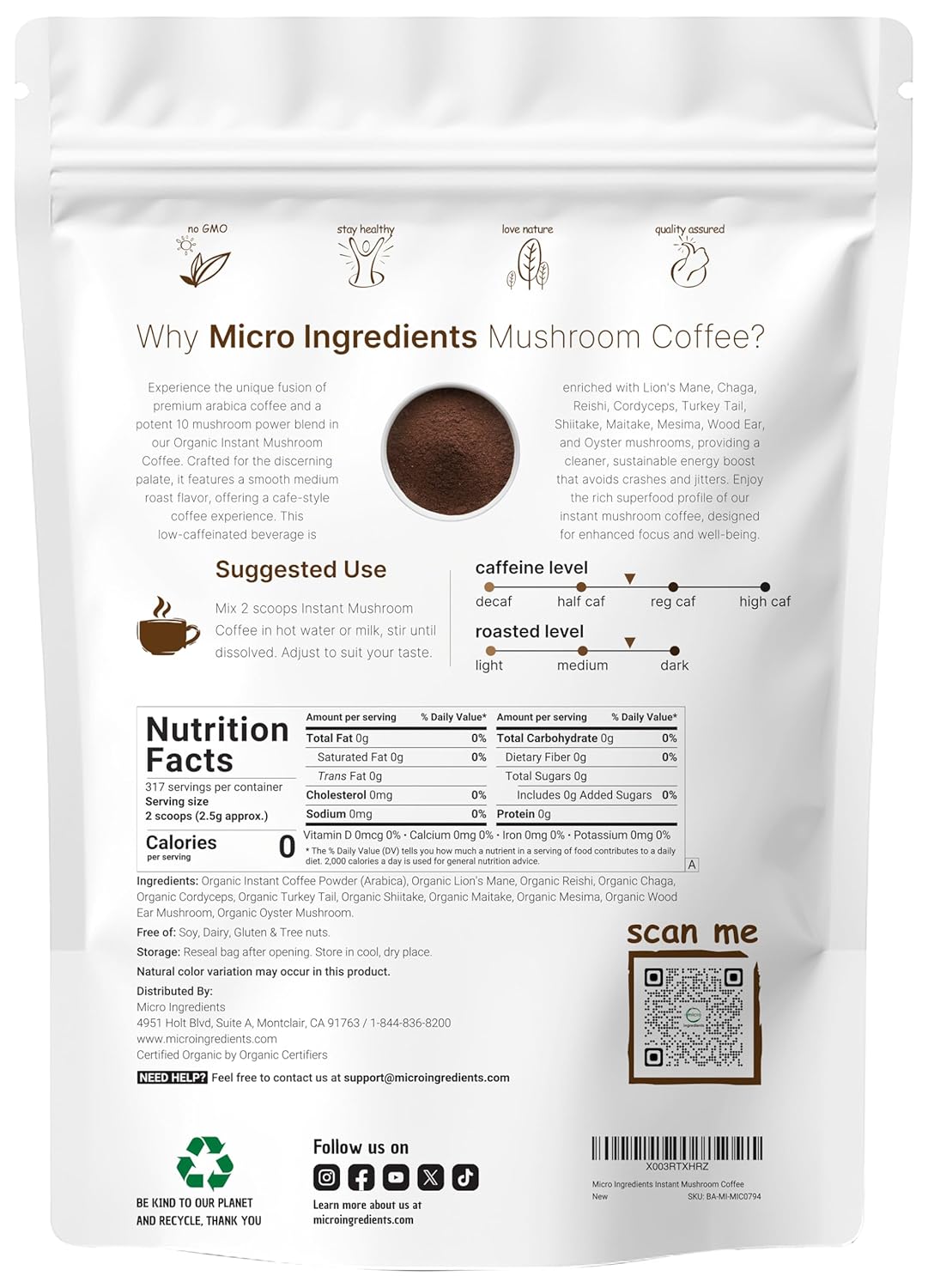 Micro Ingredients Organic Instant 10 in 1 Mushroom Coffee Powder, 28 Ounce (317 Servings) Micro Ingredients Organic Instant 10 in 1 Mushroom Coffee Powder, 28 Ounce (317 Servings) - Image 8