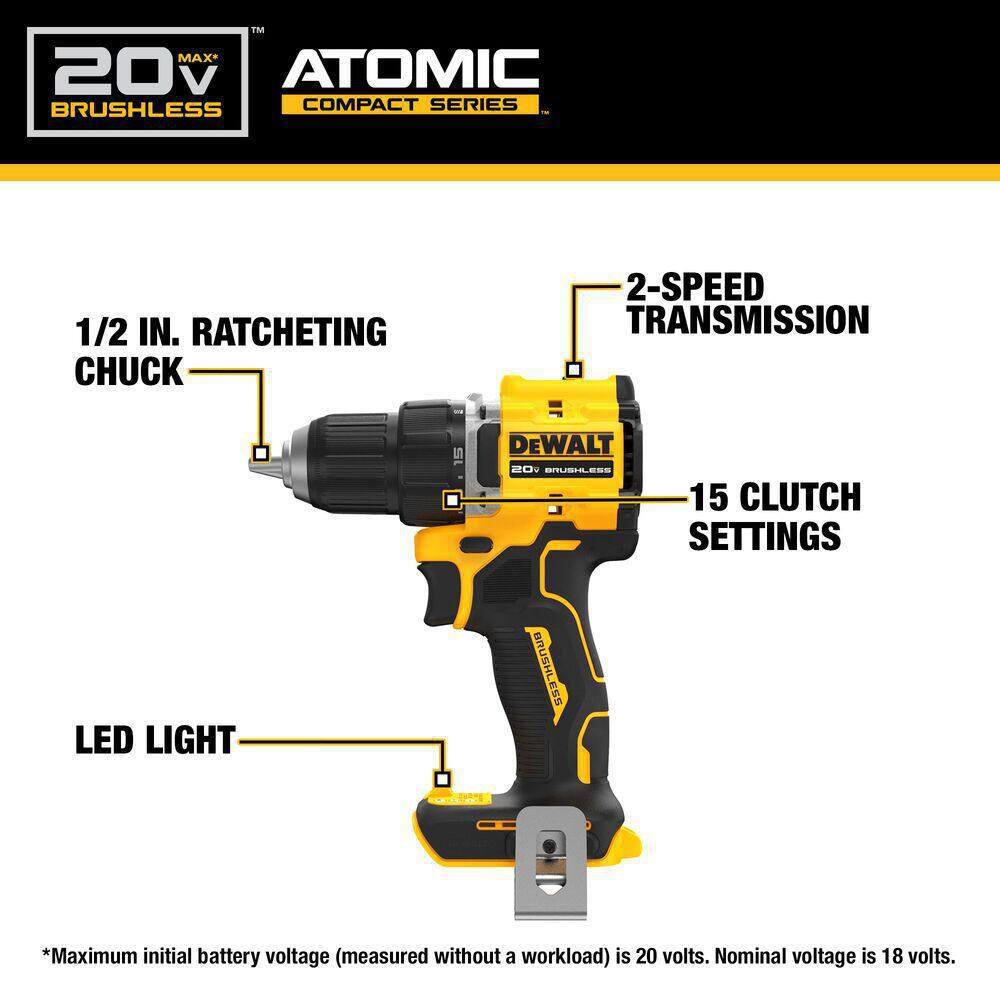 DEWALT DCD794B ATOMIC 20-Volt MAX Brushless Cordless 1/2 in. Drill Driver (Tool-Only) DEWALT DCD794B ATOMIC 20-Volt MAX Brushless Cordless 1/2 in. Drill Driver (Tool-Only) - Image 2
