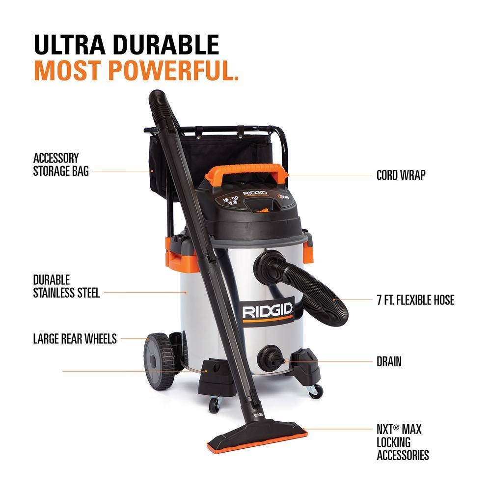 RIDGID WD1956 16 Gallon 6.5 Peak HP Stainless Steel Shop Vac Wet Dry Vacuum with Fine Dust Filter, Hose and Accessory Attachments RIDGID WD1956 16 Gallon 6.5 Peak HP Stainless Steel Shop Vac Wet Dry Vacuum with Fine Dust Filter, Hose and Accessory Attachments - Image 14