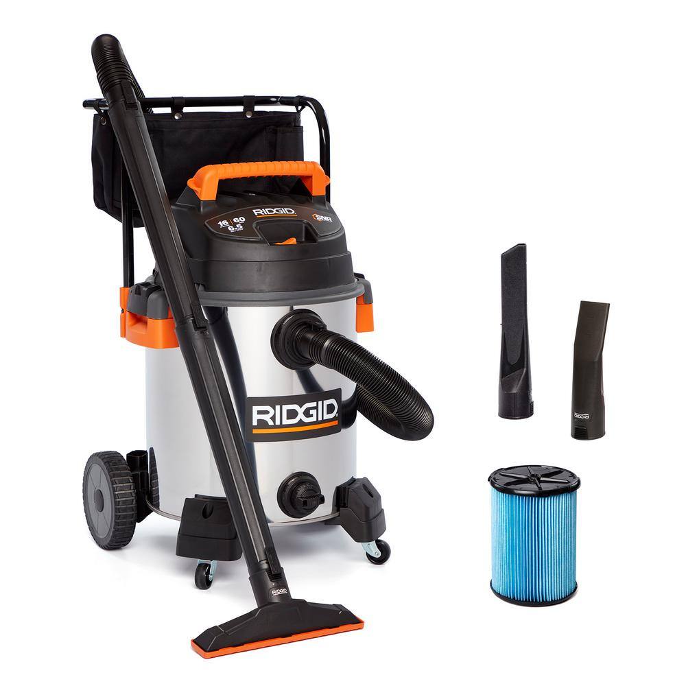 RIDGID WD1956 16 Gallon 6.5 Peak HP Stainless Steel Shop Vac Wet Dry Vacuum with Fine Dust Filter, Hose and Accessory Attachments RIDGID WD1956 16 Gallon 6.5 Peak HP Stainless Steel Shop Vac Wet Dry Vacuum with Fine Dust Filter, Hose and Accessory Attachments