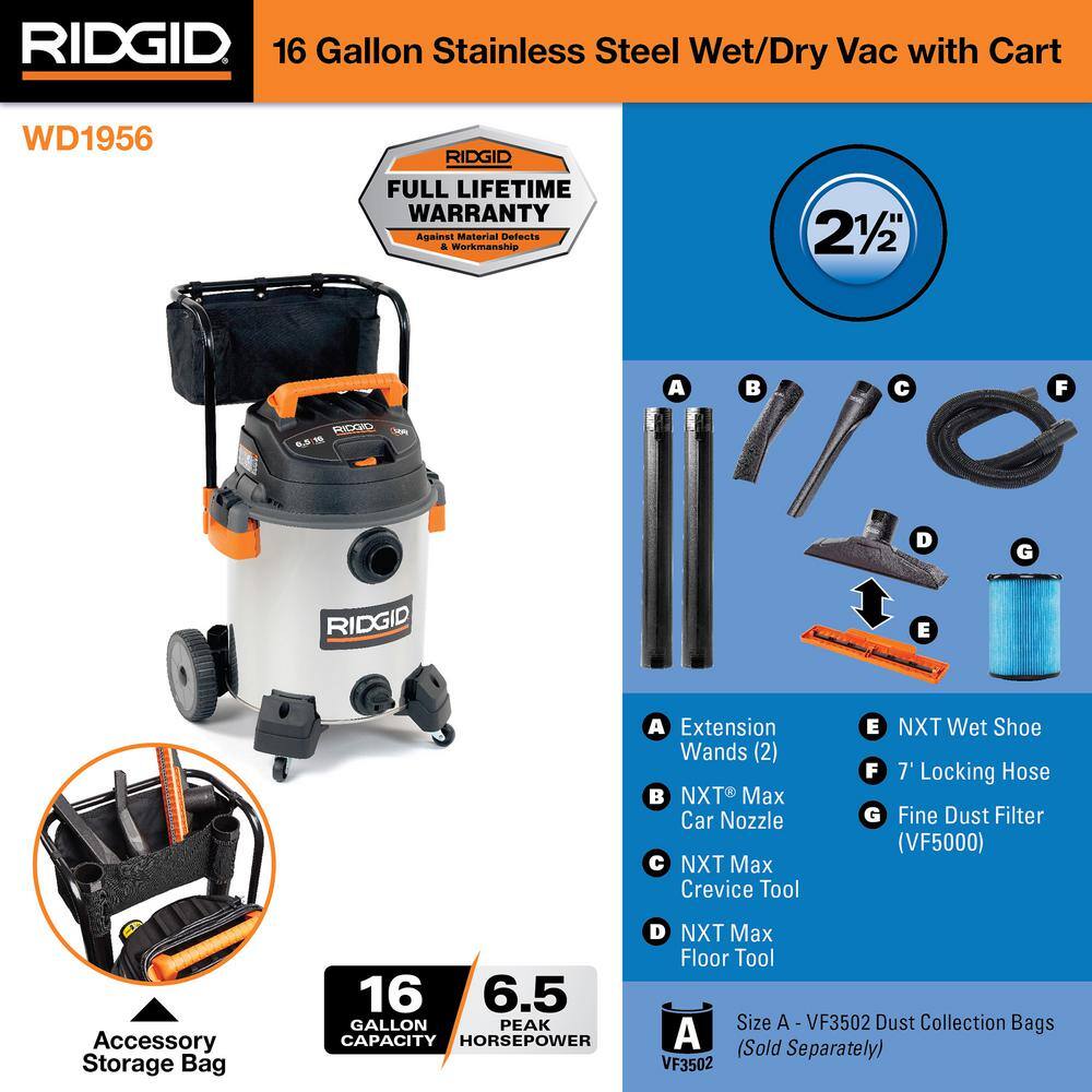 RIDGID WD1956 16 Gallon 6.5 Peak HP Stainless Steel Shop Vac Wet Dry Vacuum with Fine Dust Filter, Hose and Accessory Attachments RIDGID WD1956 16 Gallon 6.5 Peak HP Stainless Steel Shop Vac Wet Dry Vacuum with Fine Dust Filter, Hose and Accessory Attachments - Image 15