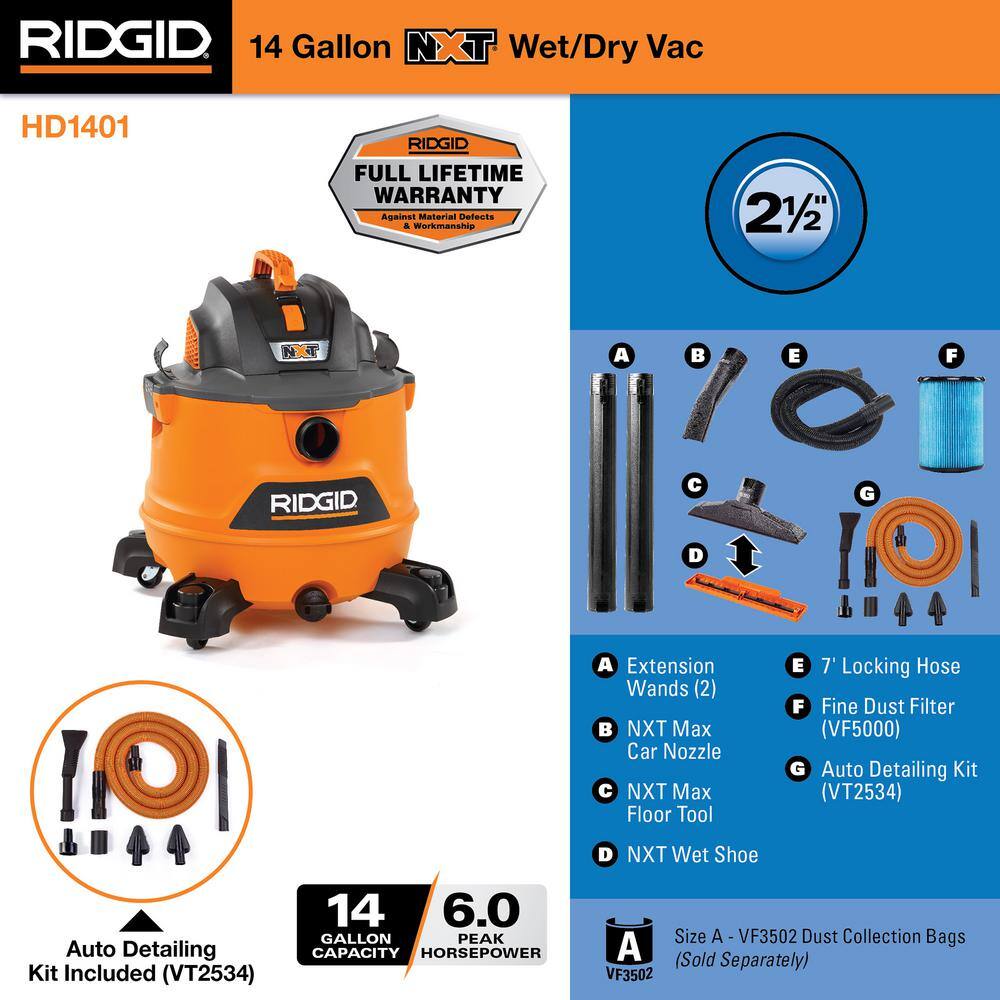 RIDGID HD1401 14 Gallon 6.0 Peak HP NXT Shop Vac Wet Dry Vacuum with Fine Dust Filter, Hose, Accessories and Car Cleaning Kit RIDGID HD1401 14 Gallon 6.0 Peak HP NXT Shop Vac Wet Dry Vacuum with Fine Dust Filter, Hose, Accessories and Car Cleaning Kit - Image 15
