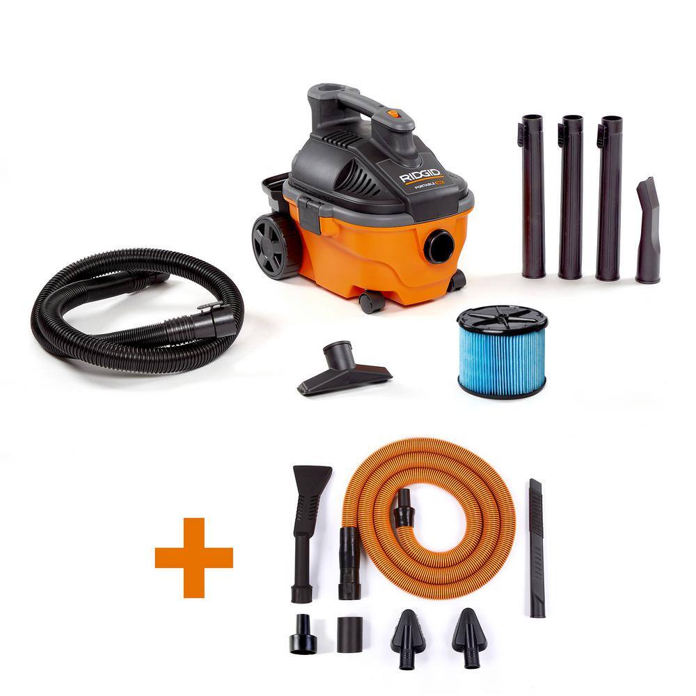 RIDGID WD4070C 4 Gallon 5.0 Peak HP Portable Shop Vac Wet Dry Vacuum with Fine Dust Filter, Hose, Accessories and Car Cleaning Kit RIDGID WD4070C 4 Gallon 5.0 Peak HP Portable Shop Vac Wet Dry Vacuum with Fine Dust Filter, Hose, Accessories and Car Cleaning Kit