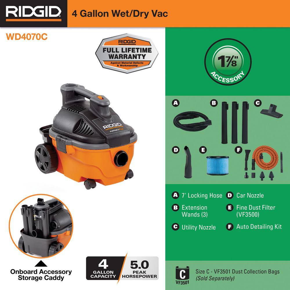RIDGID WD4070C 4 Gallon 5.0 Peak HP Portable Shop Vac Wet Dry Vacuum with Fine Dust Filter, Hose, Accessories and Car Cleaning Kit RIDGID WD4070C 4 Gallon 5.0 Peak HP Portable Shop Vac Wet Dry Vacuum with Fine Dust Filter, Hose, Accessories and Car Cleaning Kit - Image 15