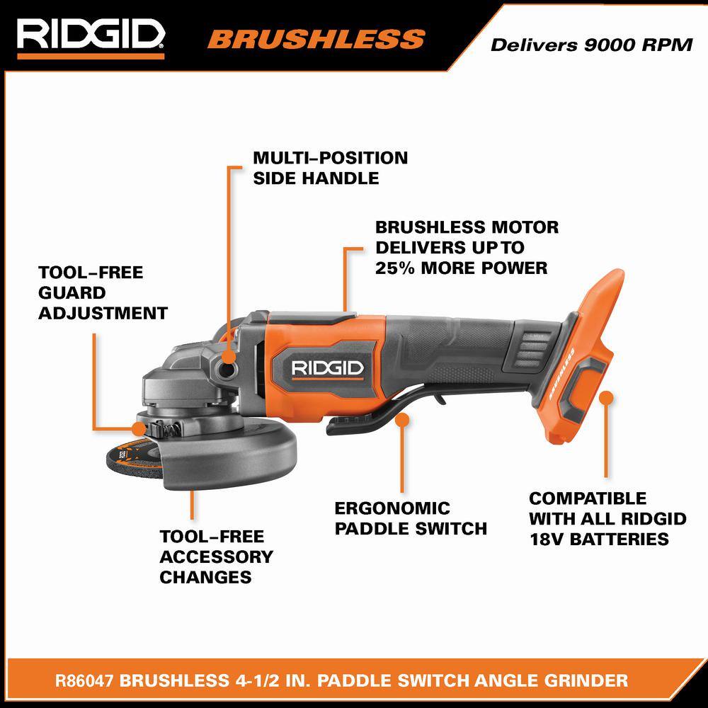 RIDGID 18V Brushless Cordless 4-1/2 in. Paddle Switch Angle Grinder (Tool Only) RIDGID 18V Brushless Cordless 4-1/2 in. Paddle Switch Angle Grinder (Tool Only) - Image 3