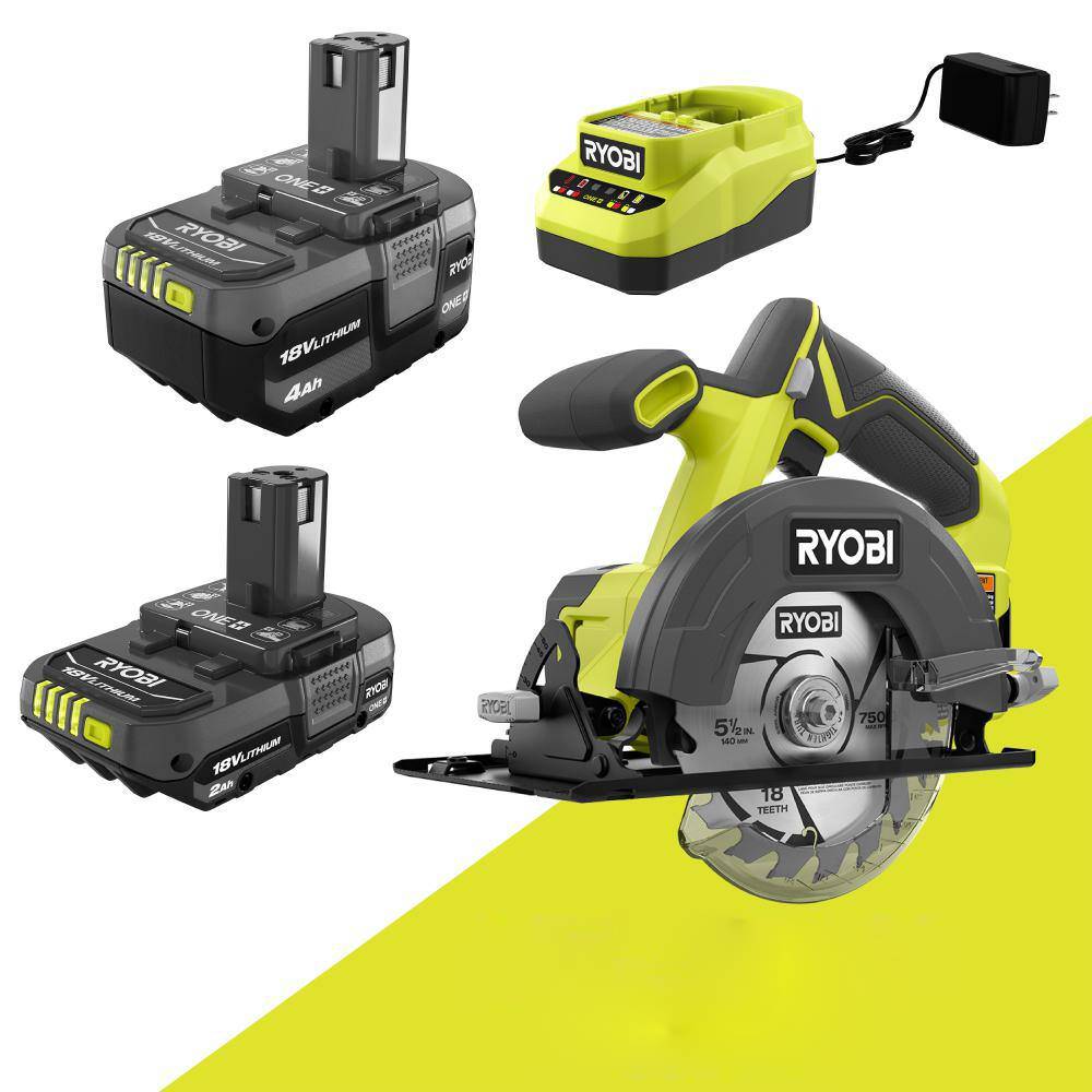 RYOBI ONE+ 18V Lithium-Ion Kit with 2.0 Ah and 4.0 Ah Batteries, Charger, and Free ONE+ 18V Cordless 5-1/2 in. Circular Saw RYOBI ONE+ 18V Lithium-Ion Kit with 2.0 Ah and 4.0 Ah Batteries, Charger, and Free ONE+ 18V Cordless 5-1/2 in. Circular Saw
