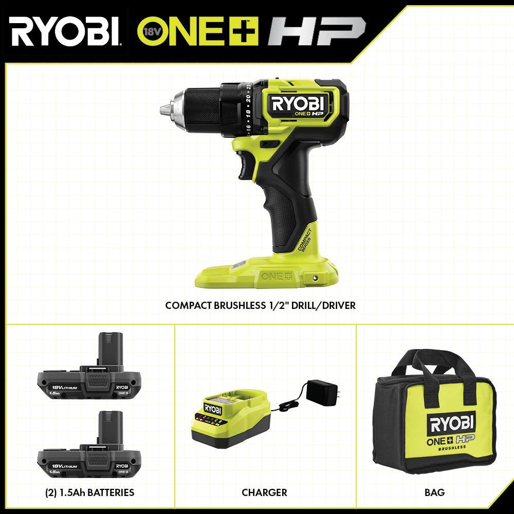 RYOBI ONE+ HP 18V Brushless Cordless Compact 1/2in. Drill/Driver Kit with (2) 1.5 Ah Batteries and Charger RYOBI ONE+ HP 18V Brushless Cordless Compact 1/2in. Drill/Driver Kit with (2) 1.5 Ah Batteries and Charger - Image 2