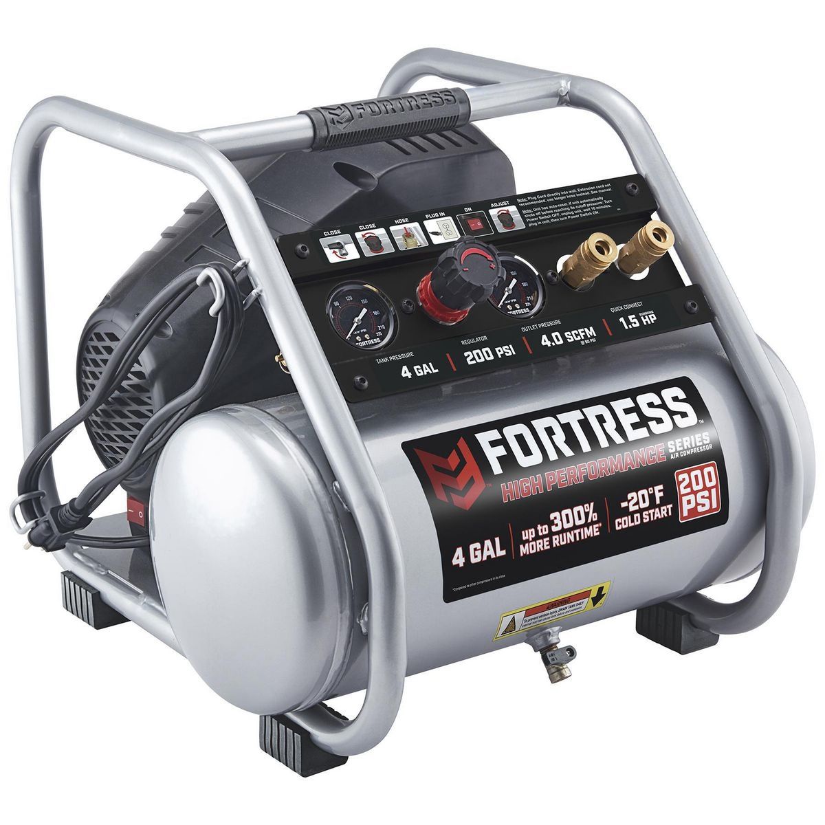 FORTRESS 4 Gallon, 200 PSI High Performance Oil-Free Hand Carry Jobsite Air Compressor FORTRESS 4 Gallon, 200 PSI High Performance Oil-Free Hand Carry Jobsite Air Compressor