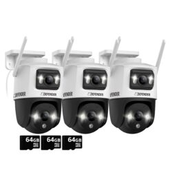Defender Dual Lens AI Indoor/Outdoor 3-Channel 3-Camera 5Mp Plug-in Pan and Tilt Micro Sd (Included) Security Camera System