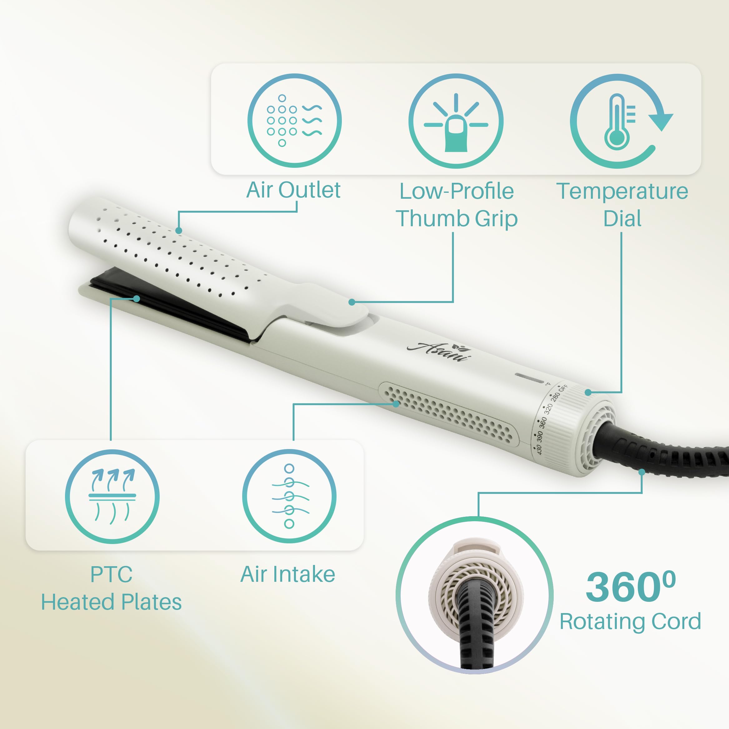 Asani 360° Airflow Styler - 2-in-1 Professional Curling Wand & Hair Straightener - Flat Iron Curler with Cooling Fan, Air Vents (White) Asani 360° Airflow Styler - 2-in-1 Professional Curling Wand & Hair Straightener - Flat Iron Curler with Cooling Fan, Air Vents (White) - Image 5