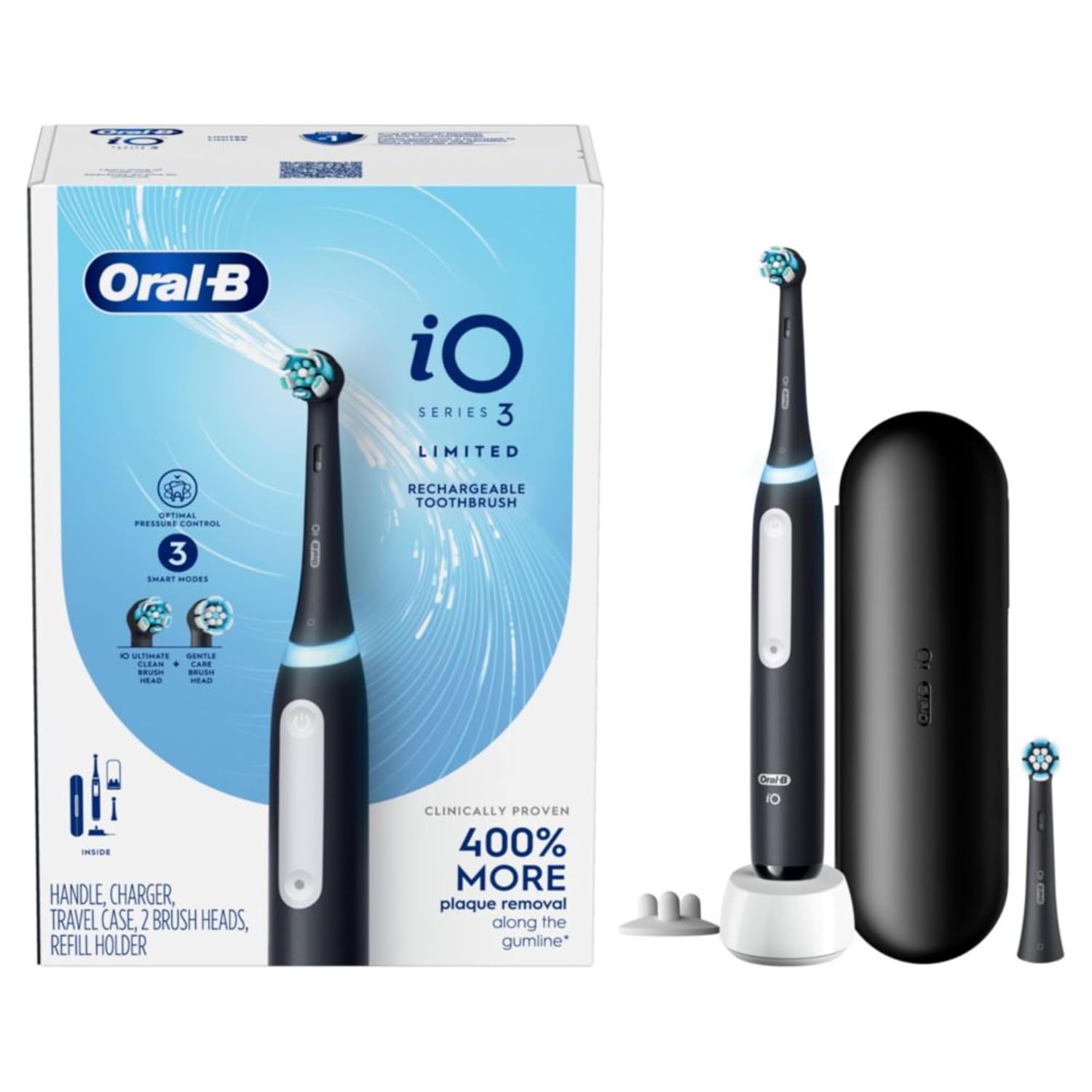 Oral-B iO Deep Clean Rechargeable Electric Powered Toothbrush, Black with iO Series 3 Limited, 2 Brush Heads and Travel Case Oral-B iO Deep Clean Rechargeable Electric Powered Toothbrush, Black with iO Series 3 Limited, 2 Brush Heads and Travel Case - Image 2