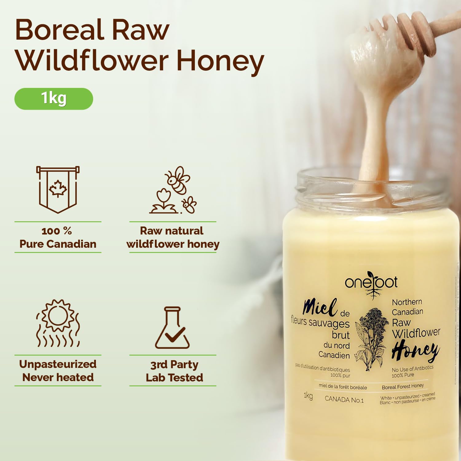 Oneroot Canadian Flower Honey - 1kg / 2.2lbs, Honey Wildflower Unfiltered, Unheated & Creamed Oneroot Canadian Flower Honey - 1kg / 2.2lbs, Honey Wildflower Unfiltered, Unheated & Creamed - Image 6