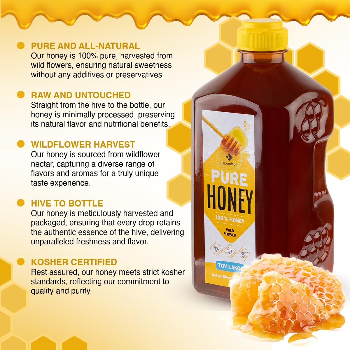 Dependable Food Raw Honey - 5 Lb. - Squeeze Bottle - 100% Pure, Raw, All Natural, Wildflower Honey - Hive to Bottle - 80 oz Dependable Food Raw Honey - 5 Lb. - Squeeze Bottle - 100% Pure, Raw, All Natural, Wildflower Honey - Hive to Bottle - 80 oz - Image 3
