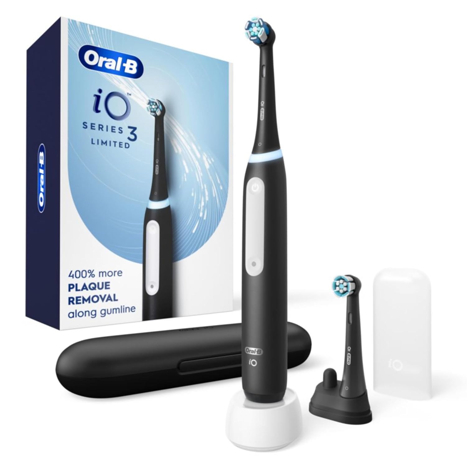 Oral-B iO Deep Clean Rechargeable Electric Powered Toothbrush, Black with iO Series 3 Limited, 2 Brush Heads and Travel Case Oral-B iO Deep Clean Rechargeable Electric Powered Toothbrush, Black with iO Series 3 Limited, 2 Brush Heads and Travel Case