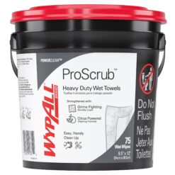 WypAll PowerClean ProScrub Heavy Duty Wet Towels (91371), Dual Action Cleaning, Large 9.5" x 12" Wipes, Bucket Included (75 Sheets/Container)
