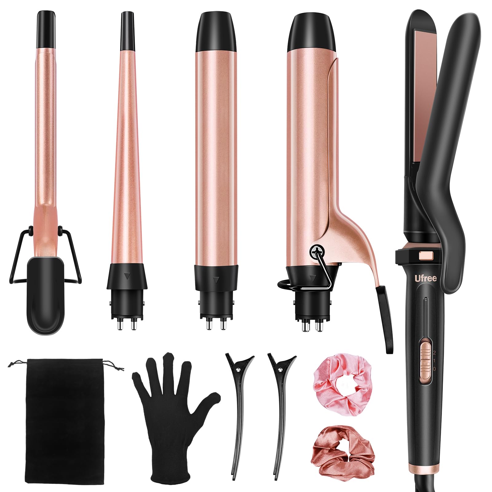 Ufree 5 in 1 Curling Iron with Interchangeable Ceramic Barrels (0.35"-1.25"), Curling Wand Set with Flat Iron Hair Straightener, Women Gifts Ufree 5 in 1 Curling Iron with Interchangeable Ceramic Barrels (0.35"-1.25"), Curling Wand Set with Flat Iron Hair Straightener, Women Gifts