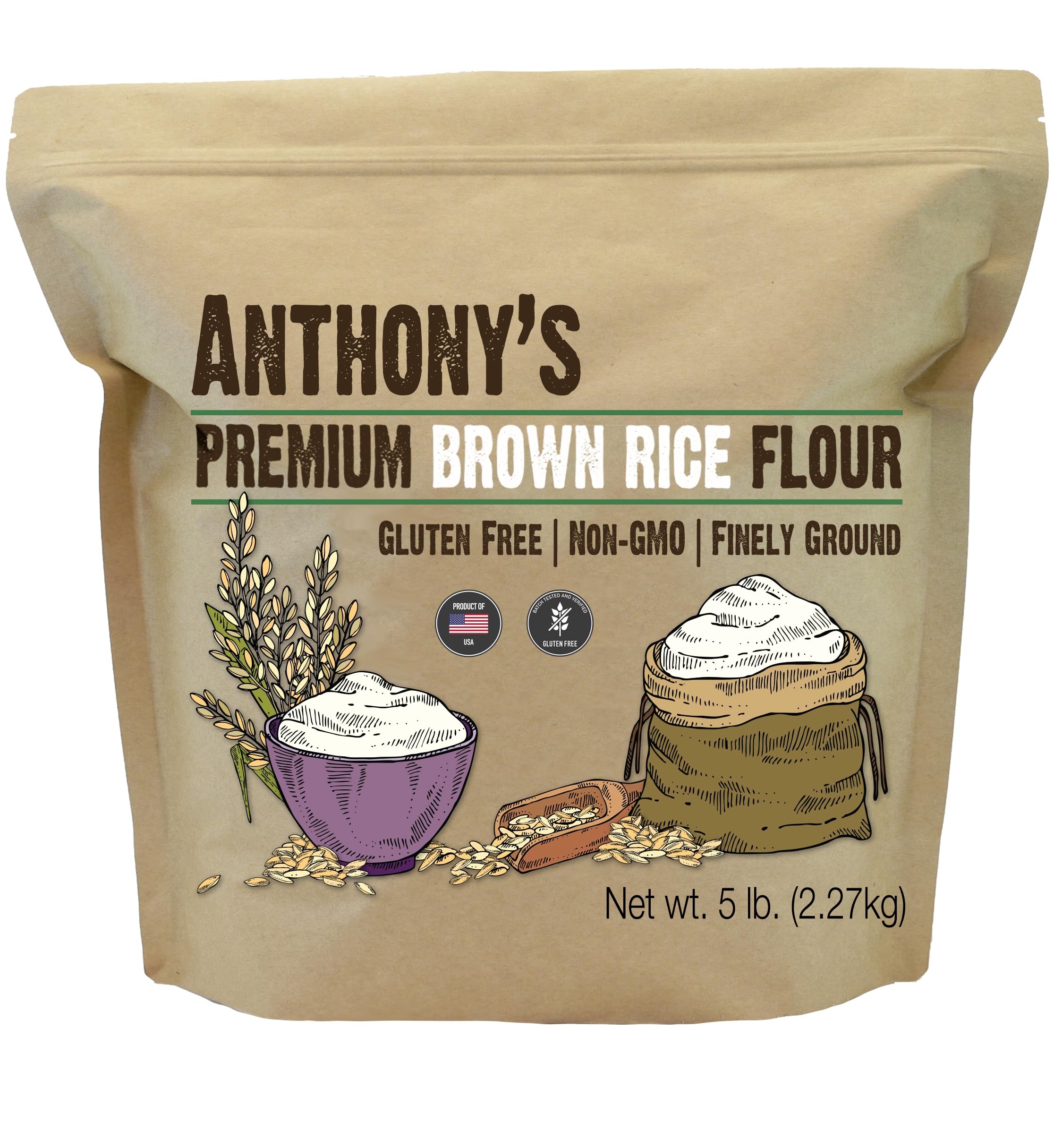Anthony's Brown Rice Flour, 5 lb, Gluten Free, Non GMO, Product of USA, Vegan Anthony's Brown Rice Flour, 5 lb, Gluten Free, Non GMO, Product of USA, Vegan