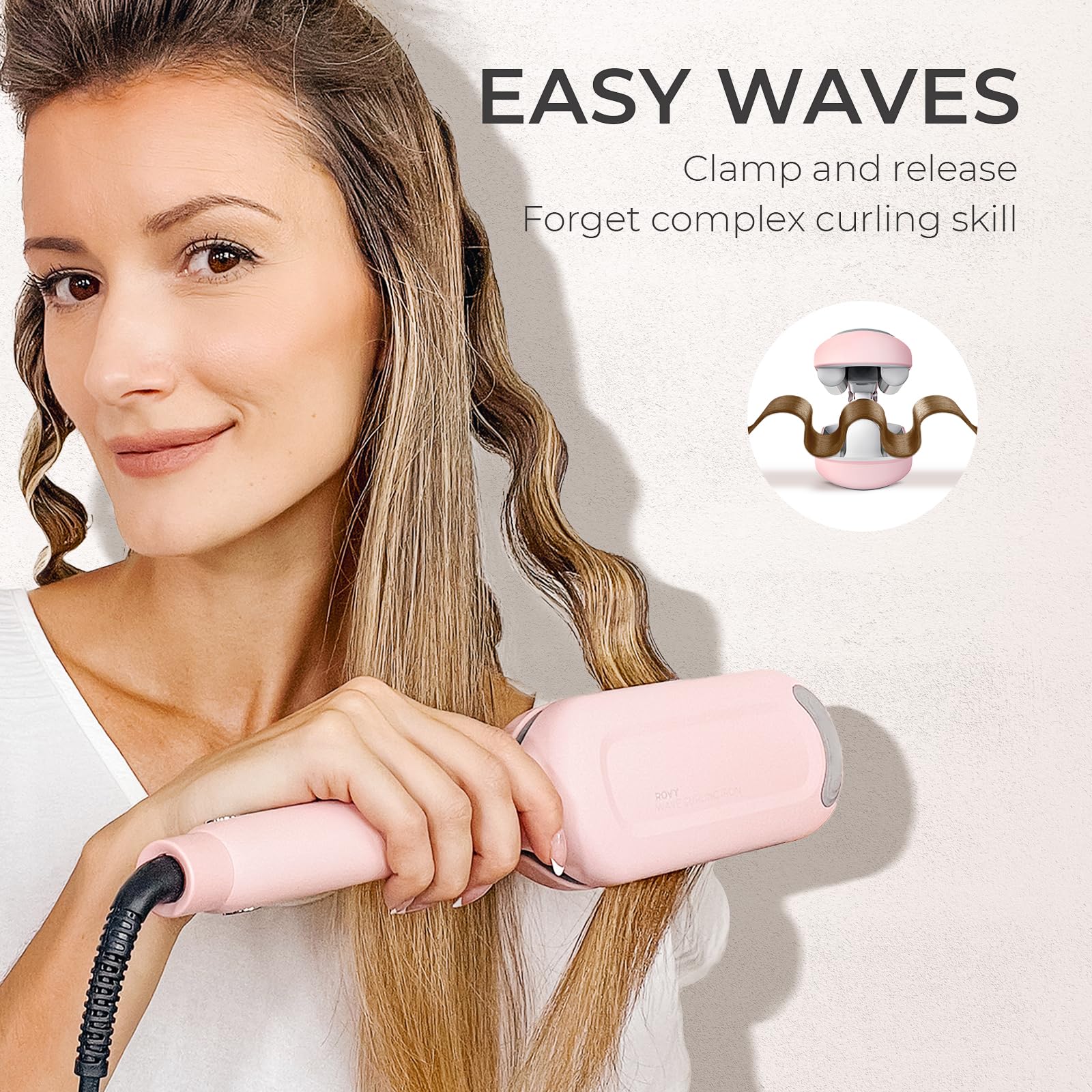 TYMO ROVY Beach Waves Curling Wand, Ionic Deep Waver Hair Curler Tool with Ceramic 3 Barrel for Women, Pink, 1.25 Inch TYMO ROVY Beach Waves Curling Wand, Ionic Deep Waver Hair Curler Tool with Ceramic 3 Barrel for Women, Pink, 1.25 Inch - Image 6