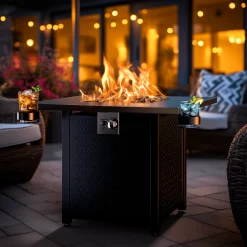 Myfurnideal 28 Inch Propane Fire Pits with Lid and Lava Rock, 50000 BTU Steel Gas Fire Pit Table for Outdoor