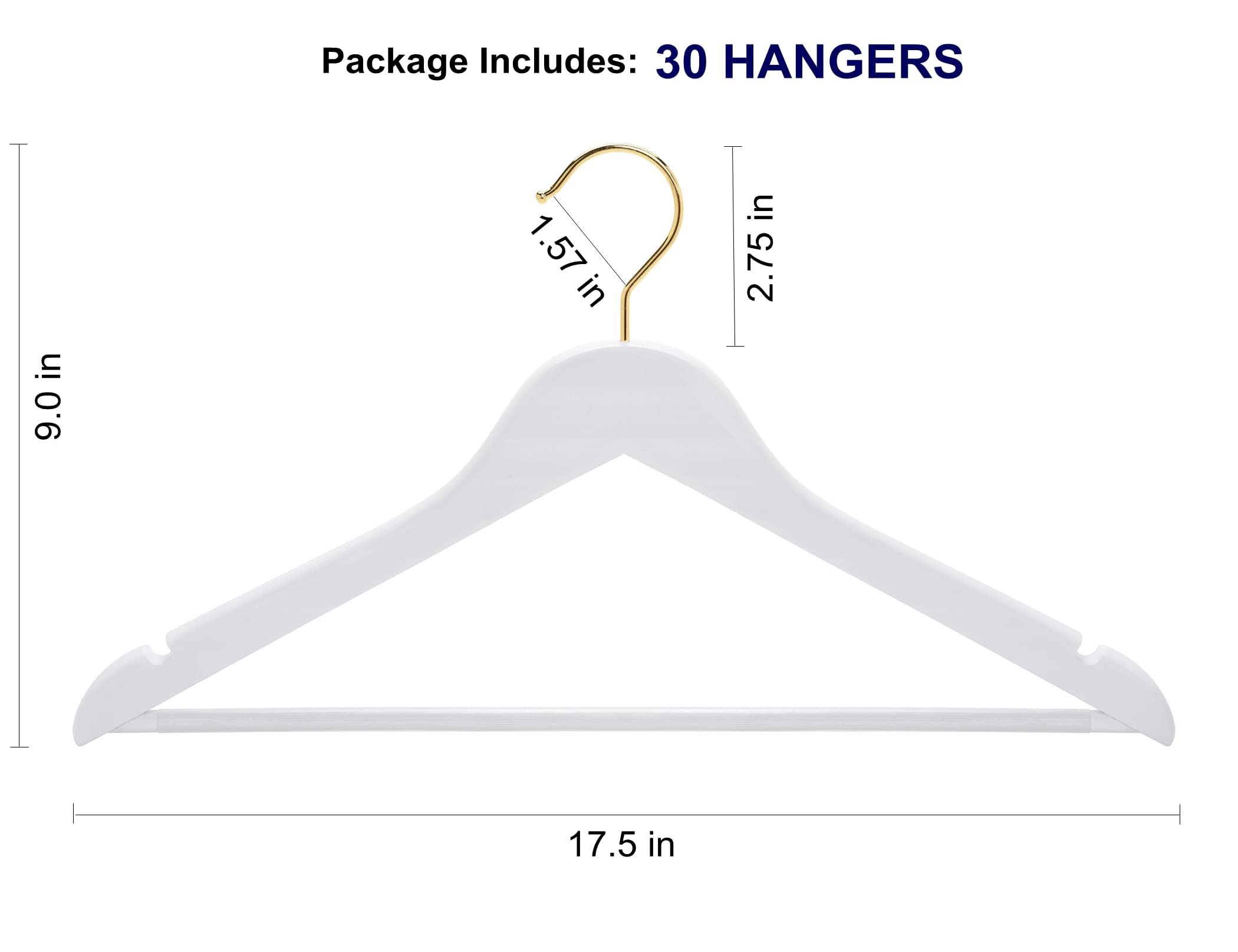 Amber Home 30 Pack Solid Wood Suit Coat Hangers, Smooth White Finish Wooden Dress Hangers with Non Slip Pant Bar (White+Gold, 30) Amber Home 30 Pack Solid Wood Suit Coat Hangers, Smooth White Finish Wooden Dress Hangers with Non Slip Pant Bar (White+Gold, 30) - Image 7