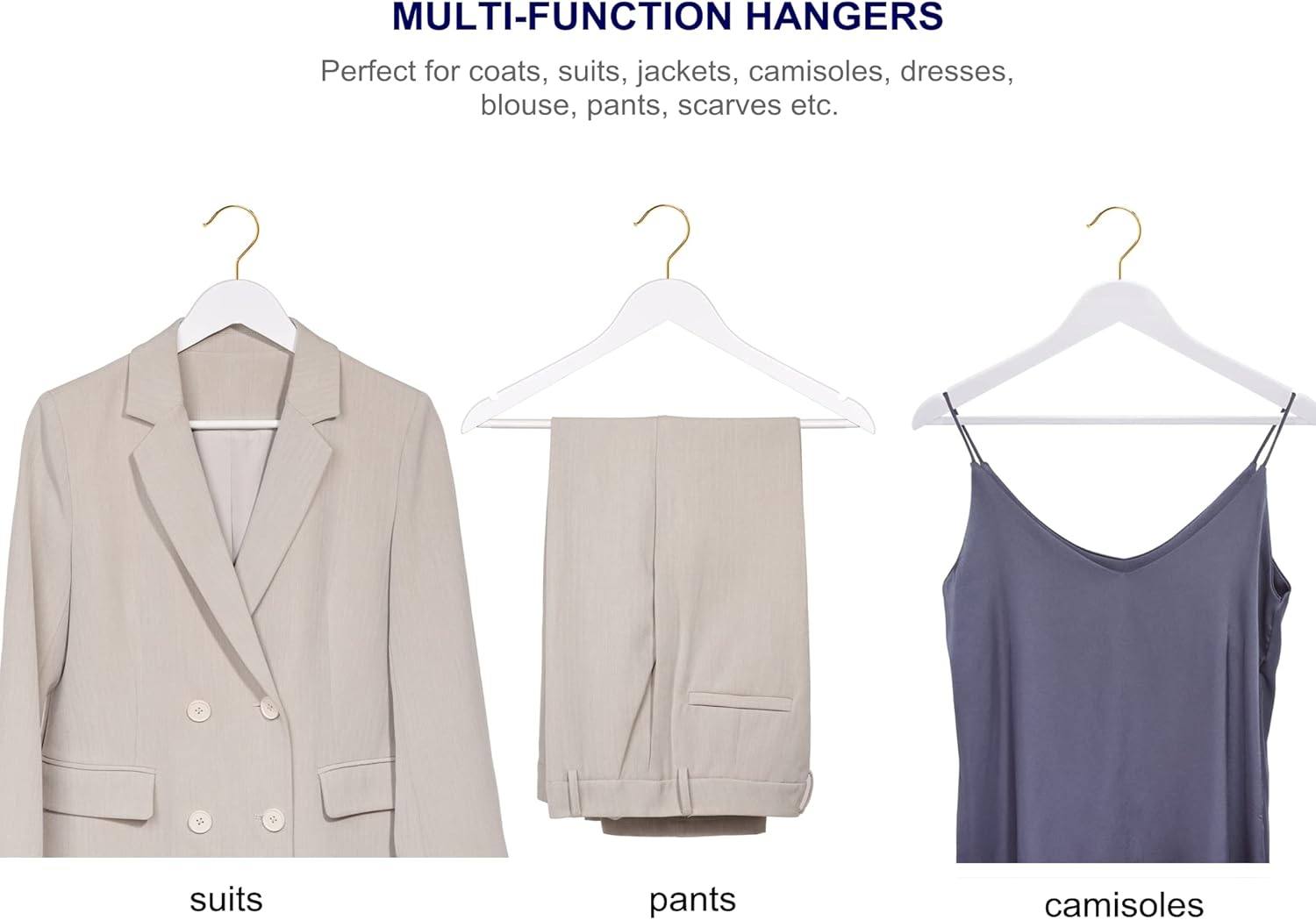 Amber Home 30 Pack Solid Wood Suit Coat Hangers, Smooth White Finish Wooden Dress Hangers with Non Slip Pant Bar (White+Gold, 30) Amber Home 30 Pack Solid Wood Suit Coat Hangers, Smooth White Finish Wooden Dress Hangers with Non Slip Pant Bar (White+Gold, 30) - Image 4