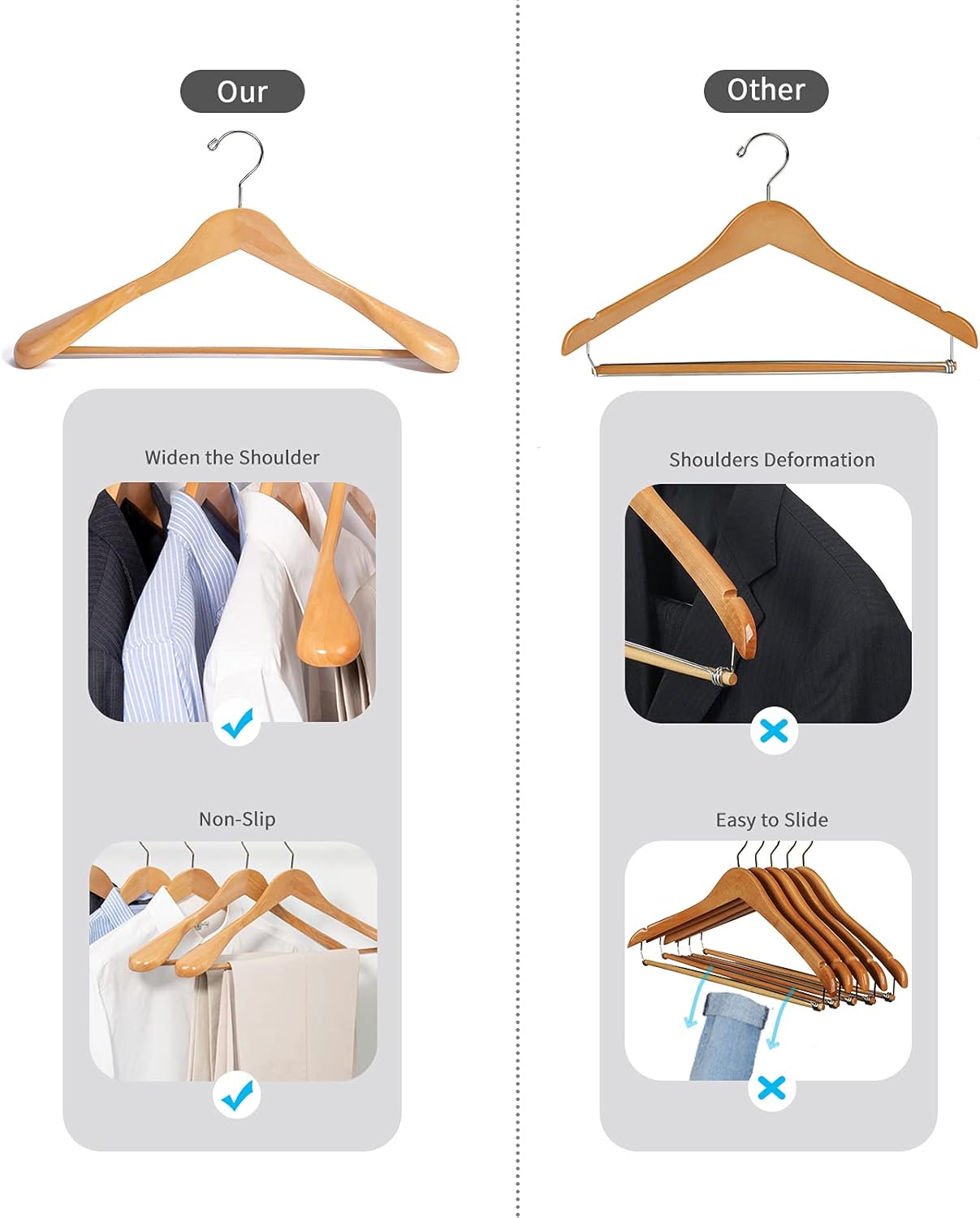 Nature Smile Luxury Natural Wooden Suit Hangers, Wood Coat Hangers, Jacket Outerwear Shirt Hangers - 6 Pack Nature Smile Luxury Natural Wooden Suit Hangers, Wood Coat Hangers, Jacket Outerwear Shirt Hangers - 6 Pack - Image 3