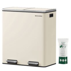 SONGMICS Trash Can, 2 x 8 Gallon (2 x 30 L) Garbage Can for Kitchen, with 15 Trash Bags, 2 Compartments, Almond Color ULTB201A01