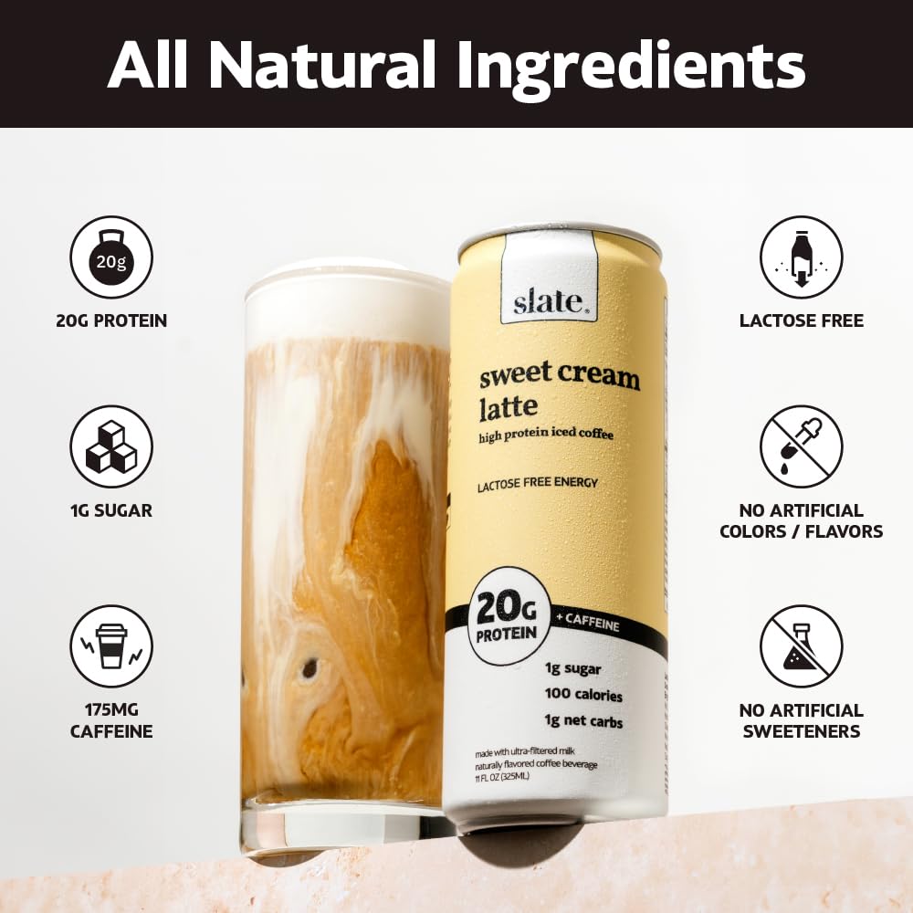 Slate Milk - Sweet Cream Latte, No Sugar Added - Protein Coffee - 11 fl oz, 12 Cans Slate Milk - Sweet Cream Latte, No Sugar Added - Protein Coffee - 11 fl oz, 12 Cans - Image 6