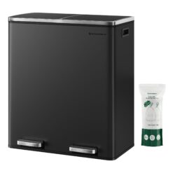 SONGMICS, Plastic, Hinged Lids, Handles Dual Garbage Can, 16 Gal (60L) Rubbish 15 Trash Bags, 2 x 8 Gallon, Black
