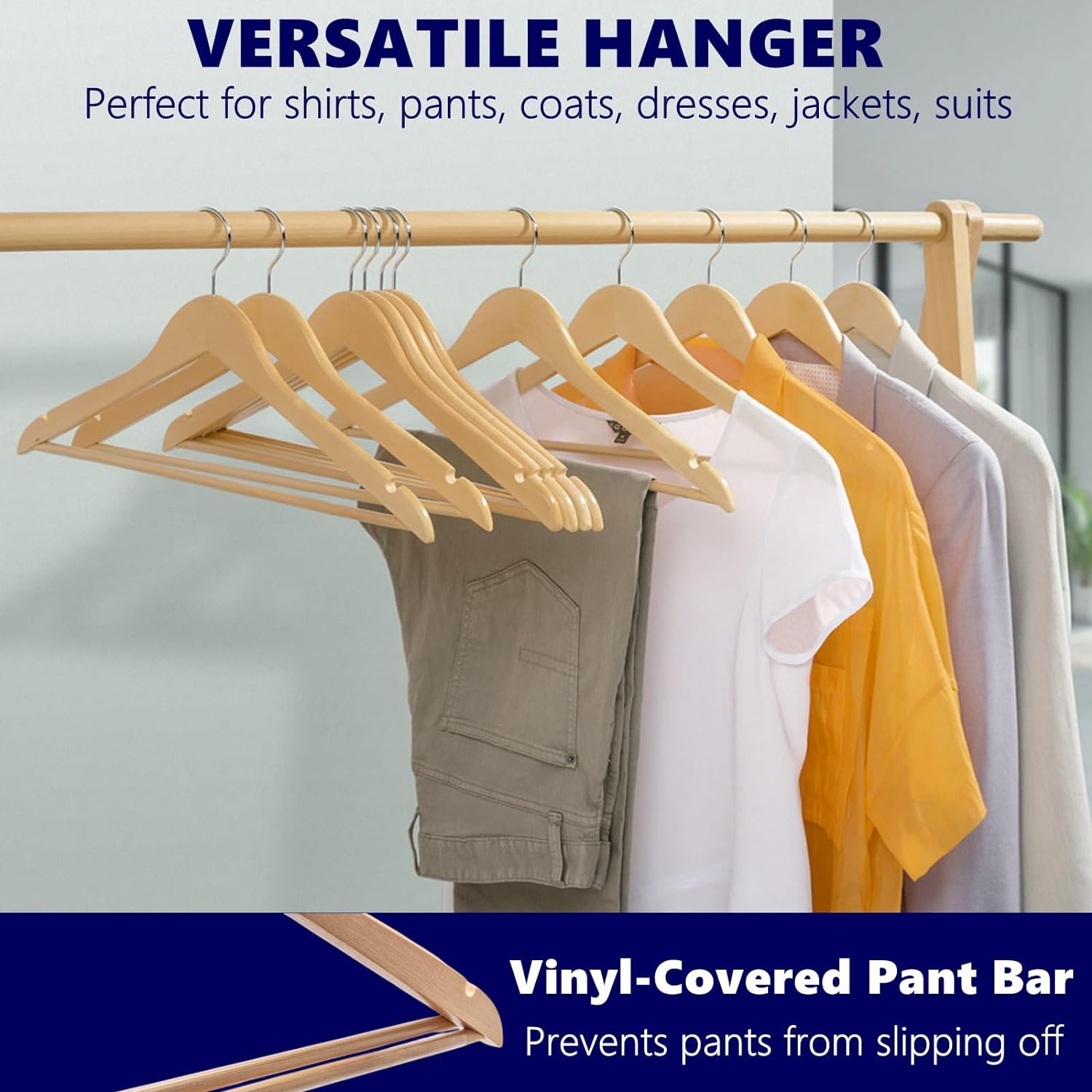 Amber Home 30 Pack Wooden Coat Hangers, Natural Wood Suit Hangers with Non Slip Pant Bar (Natural, 30) Amber Home 30 Pack Wooden Coat Hangers, Natural Wood Suit Hangers with Non Slip Pant Bar (Natural, 30) - Image 3