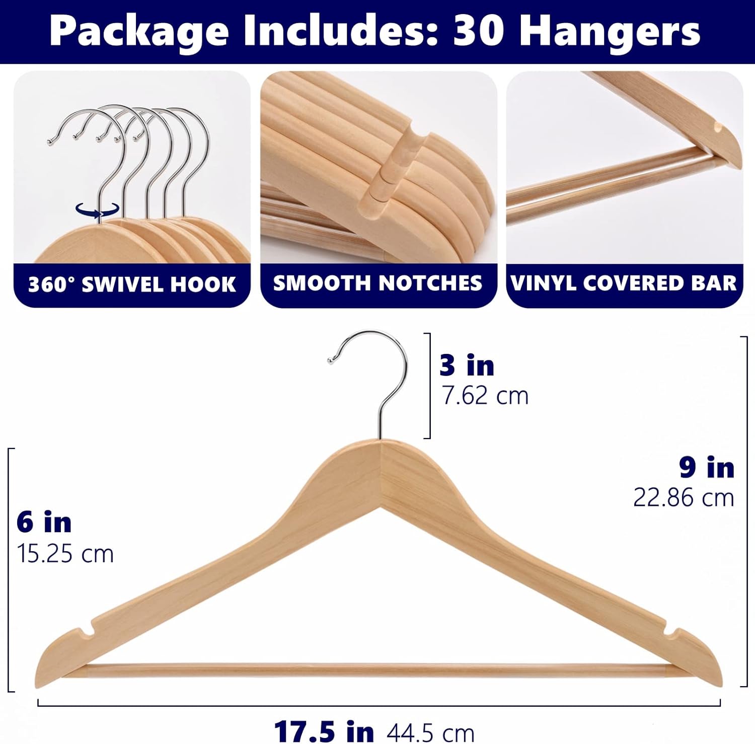 Amber Home 30 Pack Wooden Coat Hangers, Natural Wood Suit Hangers with Non Slip Pant Bar (Natural, 30) Amber Home 30 Pack Wooden Coat Hangers, Natural Wood Suit Hangers with Non Slip Pant Bar (Natural, 30) - Image 7