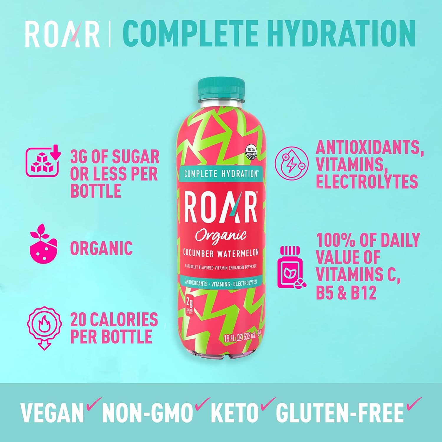 Roar Organic Electrolyte Infusions - USDA Organic - Cucumber Watermelon, Coconut Water Infused Beverage 18 Fl Oz (Pack of 12) Roar Organic Electrolyte Infusions - USDA Organic - Cucumber Watermelon, Coconut Water Infused Beverage 18 Fl Oz (Pack of 12) - Image 7