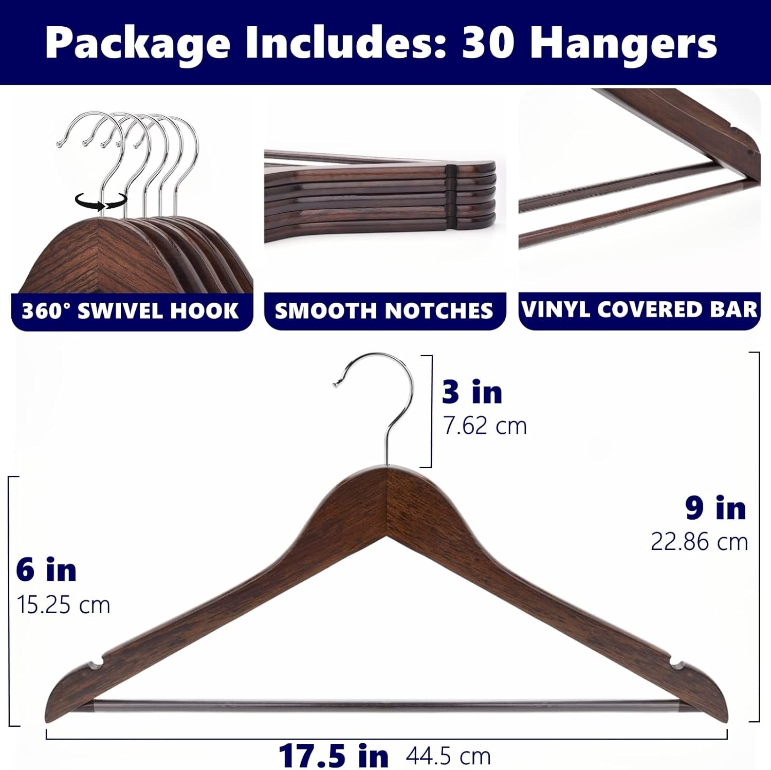 Amber Home 30 Pack Vintage Wooden Coat Hangers, Walunt Wood Suit Hangers with Non Slip Pant Bar (Retro, 30) Amber Home 30 Pack Vintage Wooden Coat Hangers, Walunt Wood Suit Hangers with Non Slip Pant Bar (Retro, 30) - Image 7